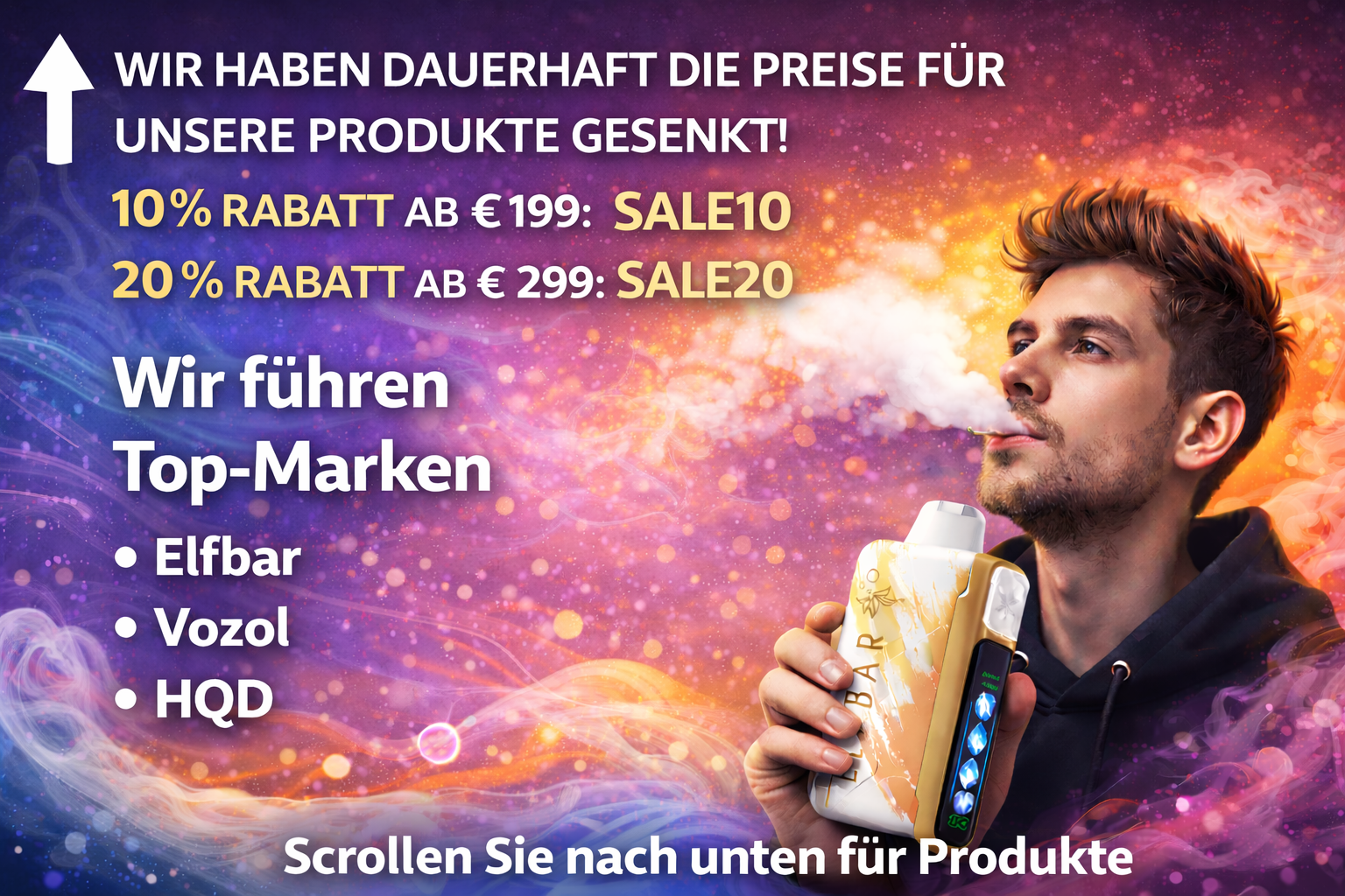 Entdecke die besten Einweg-Vapes. Viele Marken wie ELFBAR, VOZOL, VAPESOLO, HQD. Erhalte 20 % Rabatt und kostenlosen Versand mit dem Gutscheincode SALE20. Jetzt bestellen und eine große Auswahl an Geschmacksrichtungen sowie ein Premium-Vaping-Erlebnis genießen.